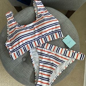 White Blue And Orange Stripe Scoop Neck Bikini Set